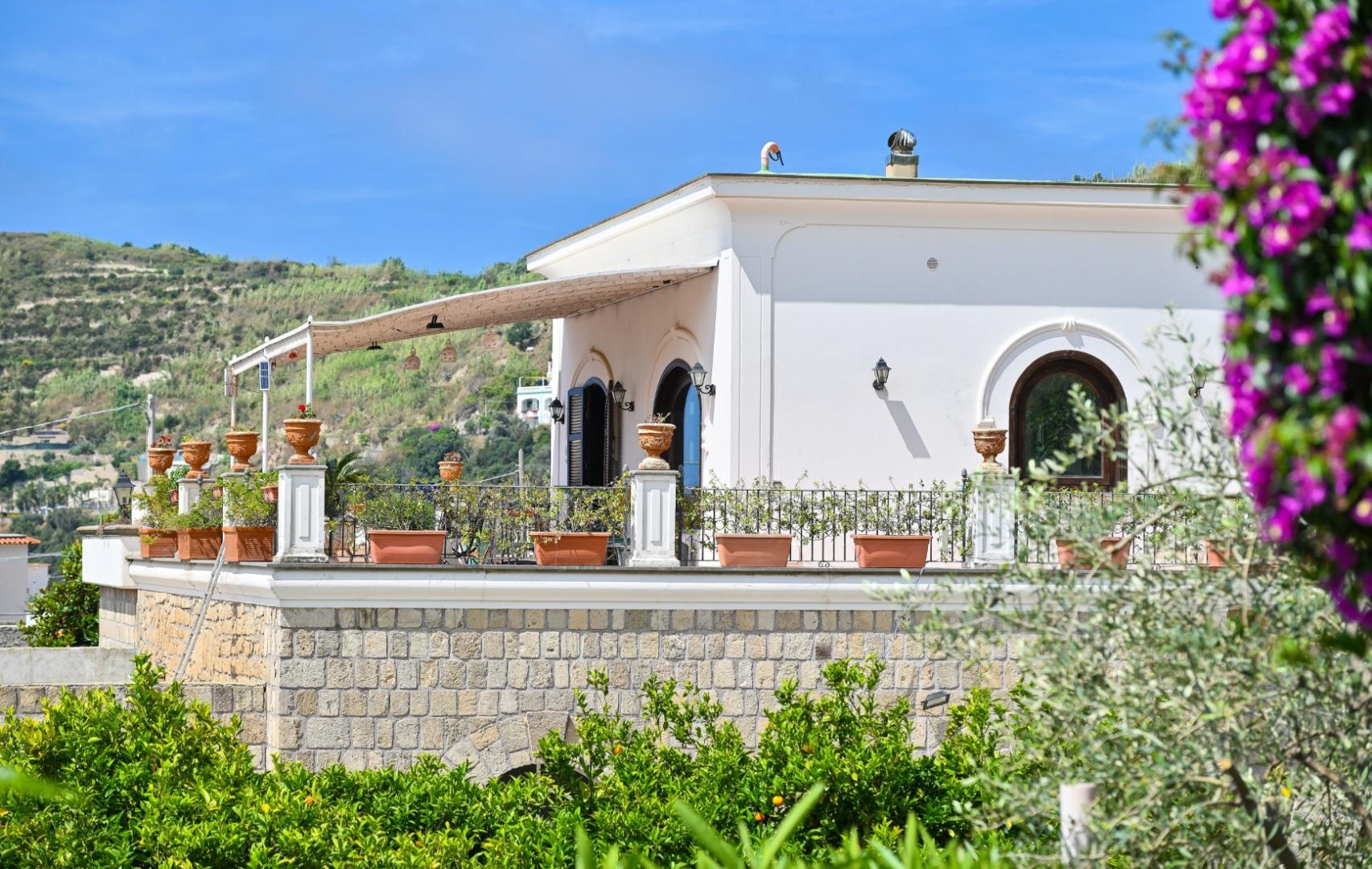 Villa mediterranea con terrazza e vasi, circondata da natura rigogliosa e colline.