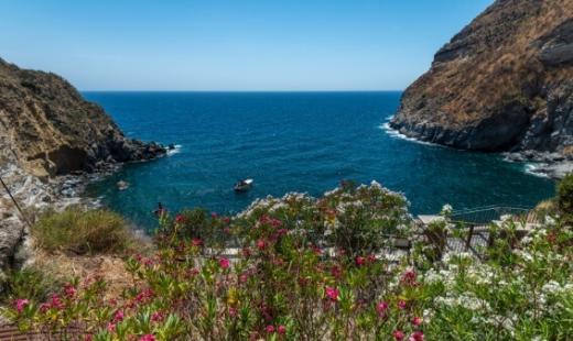 Baia tranquilla con fiori colorati e mare blu tra colline rocciose.