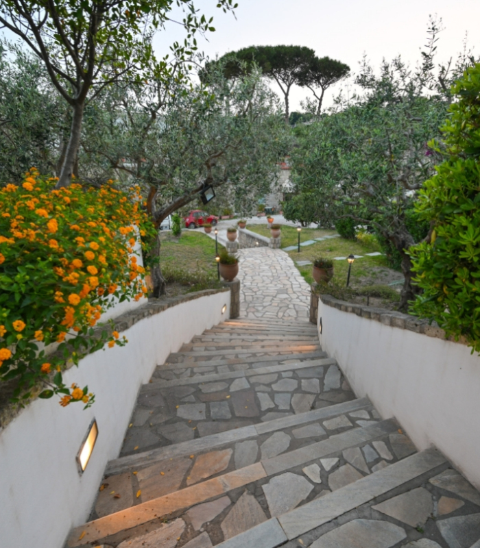 Scalinata in pietra con fiori arancioni, circondata da alberi e giardino verde.