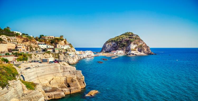 Vista panoramica di una costa rocciosa con case e un isolotto sullo sfondo.
