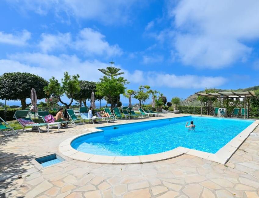 Piscina all'aperto con lettini, circondata da alberi e cielo sereno.